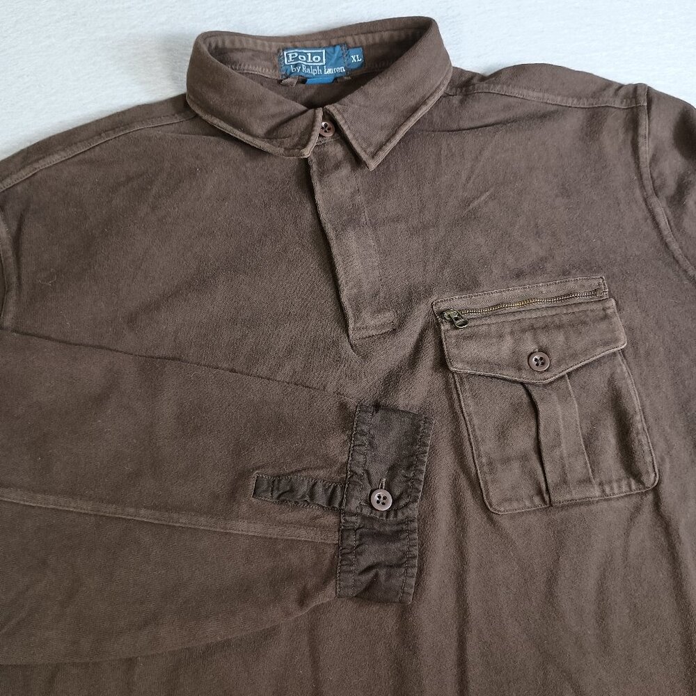VTG Polo by Ralph Lauren Mens XL Brown Long Sleeve Front Pocket 1/4 Zip Polo